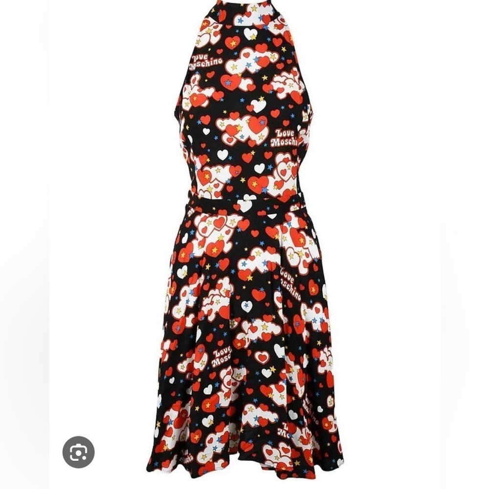 Love Moschino High Neck Heart Print Cloud Open Back Fit & Flare Dress sz 8
